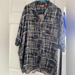 BOBBY CHAN Navy and beige design Button-Up Shirt, collard, front pocket.